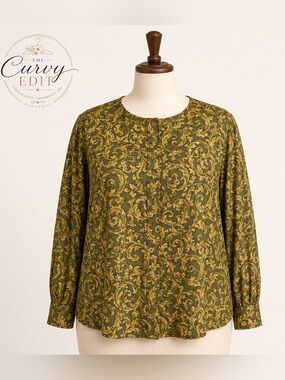 Vintage Breckenridge II Olive Gold Scroll Print Blouse Top 22W Button Cuff